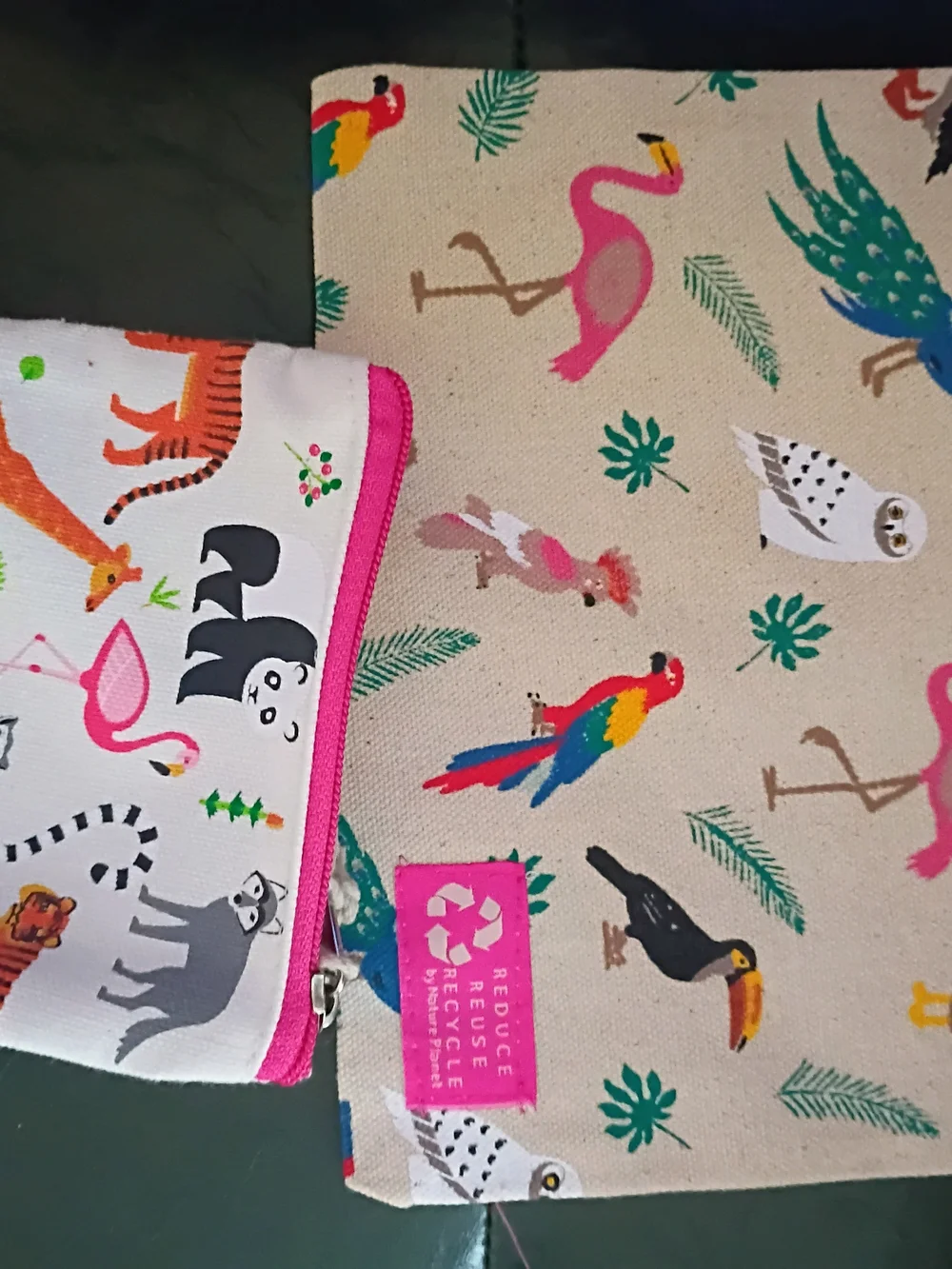 2pc Set Animal Print Canvas Pouch Set - Pink Zip
